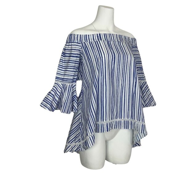 N/Nicholas Washed Stripe Off Shoulder Top Tunic 6 Cutout Bell Sleeve Resortwear - Picture 4 of 12